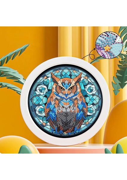 5d Elmas Taş Işleme Kiti 20 x 20 cm Yuvarlak Çerçeveli Baykuş Desen