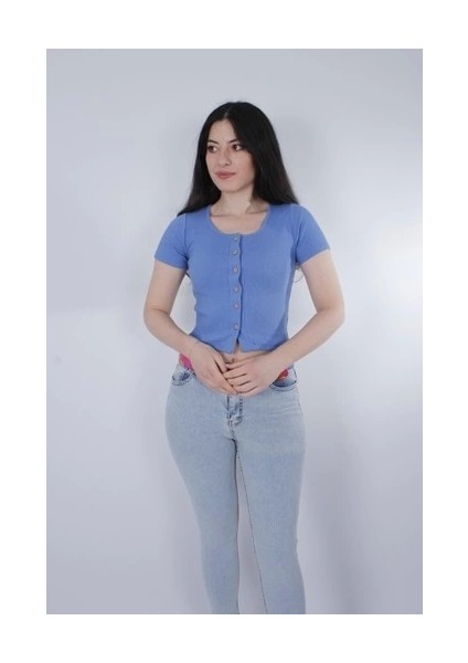 Kadın Düğme Detaylı Kısa Kollu Mavi Triko T-Shirt