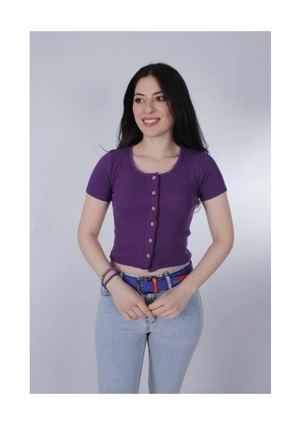Kadın Düğme Detaylı Kısa Kollu Mor Triko T-Shirt