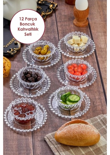 12 Parça Şeffaf Akrilik Boncuk Kahvaltı Seti Şekerlik Sosluk Reçellik Seti Çay Bardağı Altığı