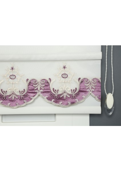 Mor Çift Mekanizmalı Kadife Menekşe Nakışlı Tül Stor Perde(Dayanıklı Alüminyum Kasa) fiyatları