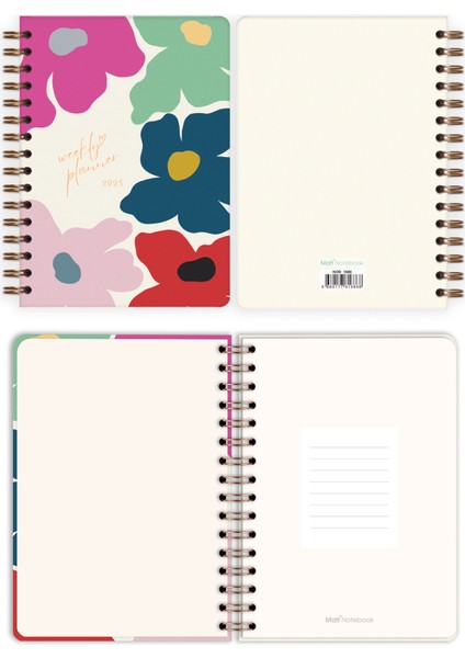 Matt Notebook 2025 Yılı A5 Haftalık Ajanda Spiralli 15X21 cm - 12 Aylık - Motivasyon Sayfalı Papatyalar