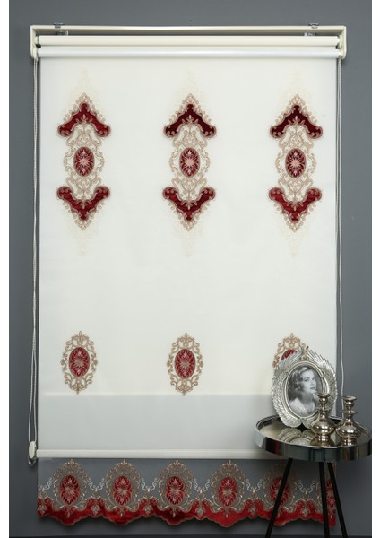 Bordo Çift Mekanizmalı Kadife Toprak Nakışlı Tül Stor Perde (Dayanıklı Alüminyum Kasa)