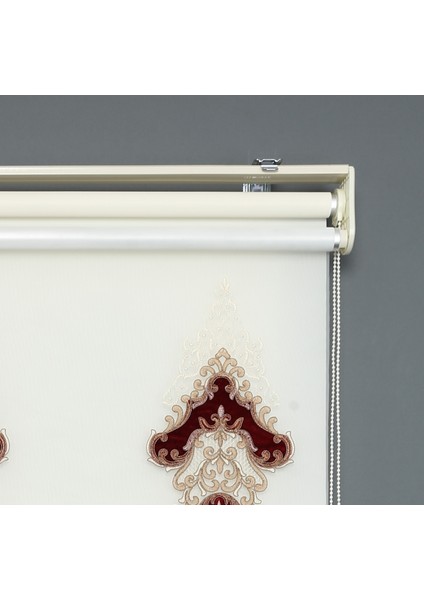 Bordo Çift Mekanizmalı Kadife Toprak Nakışlı Tül Stor Perde (Dayanıklı Alüminyum Kasa) modelleri