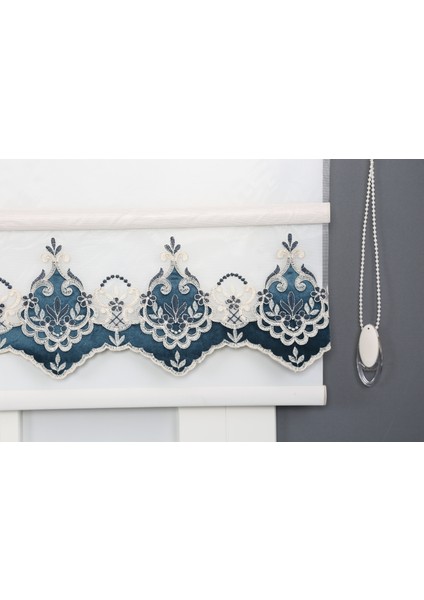 Petrol Çift Mekanizmalı Kadife Yasemin Nakışlı Tül Stor Perde (Dayanıklı Alüminyum Kasa) fiyatları