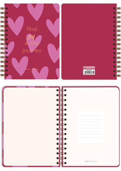 Matt Notebook 2025 Yılı A5 Haftalık Ajanda Spiralli 15X21 cm - 12 Aylık - Motivasyon Sayfalı Kalpler