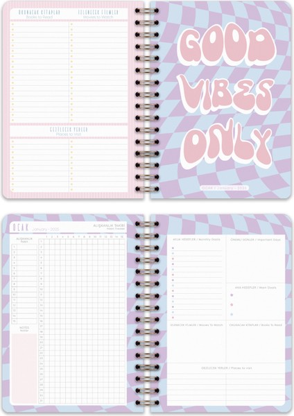 Matt Notebook 2025 Yılı A5 Haftalık Ajanda Spiralli 15X21 cm - 12 Aylık - Motivasyon Sayfalı Pembe Fiyonk