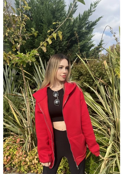 Kadın Kırmızı Kapüşonlu Fermuarlı Şardonlu Oversize Sweatshirt HZL24W-ZK146