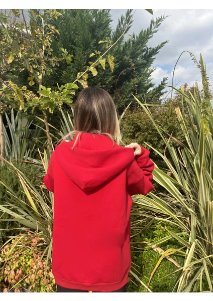 Kadın Kırmızı Kapüşonlu Fermuarlı Şardonlu Oversize Sweatshirt HZL24W-ZK146