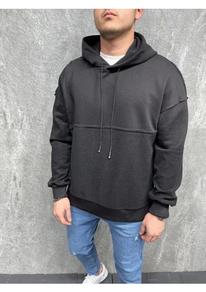 Erkek Siyah Trend Kapüşonlu Sweatshirt