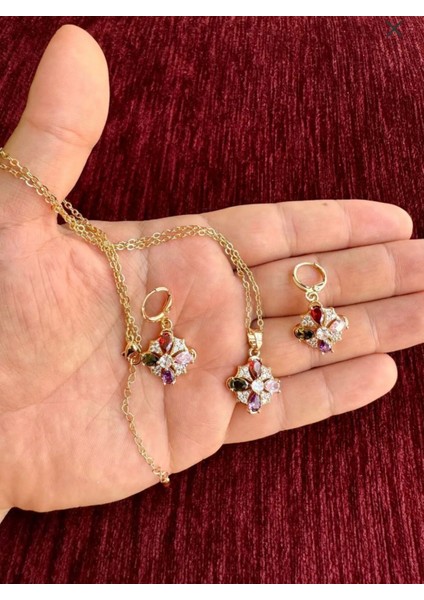 Renkli Taşlı Kolye Küpe Takı Seti