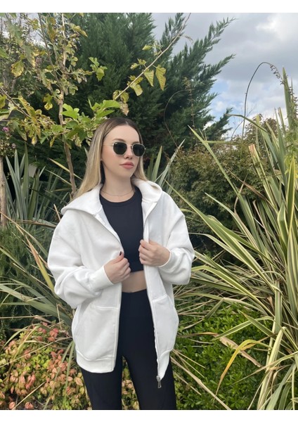 Kadın Beyaz Kapüşonlu Fermuarlı Şardonlu Oversize Sweatshirt HZL24W-ZK146 fiyatları
