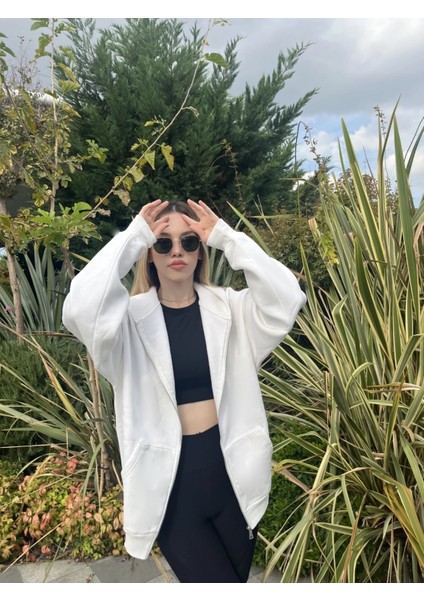 Kadın Beyaz Kapüşonlu Fermuarlı Şardonlu Oversize Sweatshirt HZL24W-ZK146 modelleri