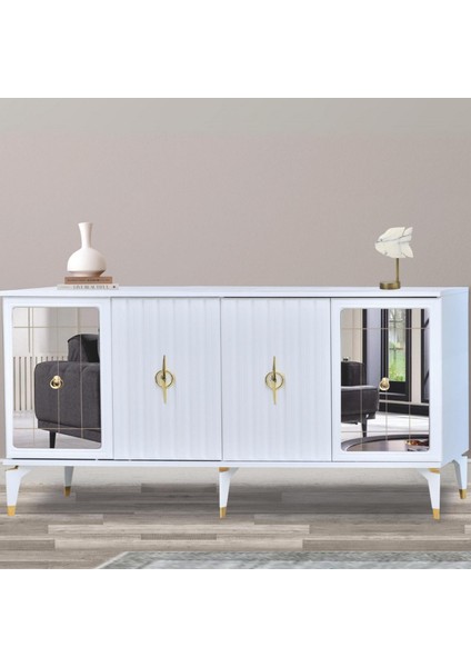 Tuna Konsol Beyaz Yanları Aynalı Gold Halkalı Kulplu 4 Kapaklı Konsol 160x44x82 cm fiyatları