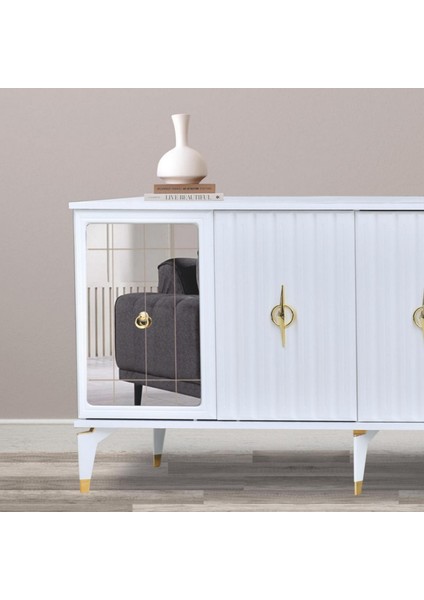 Tuna Konsol Beyaz Yanları Aynalı Gold Halkalı Kulplu 4 Kapaklı Konsol 160x44x82 cm modelleri