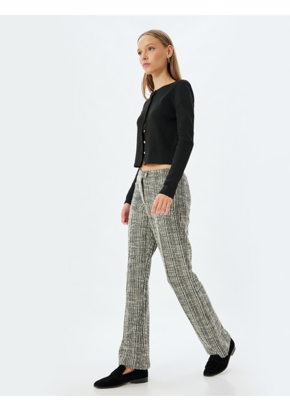 Yüksek Bel Pantolon Düğmeli Düz Paça Dokulu Cep Detaylı