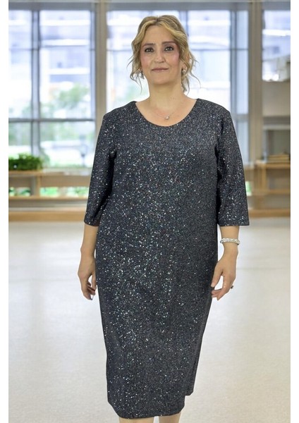 Bisiklet Yaka Truvakar Kol Büyük Beden Simli Abiye Gece Elbisesi