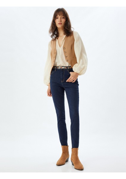 Yüksek Bel Kot Pantolon Düğmeli Dar Kalıp - Skinny Push Up Fit Jean