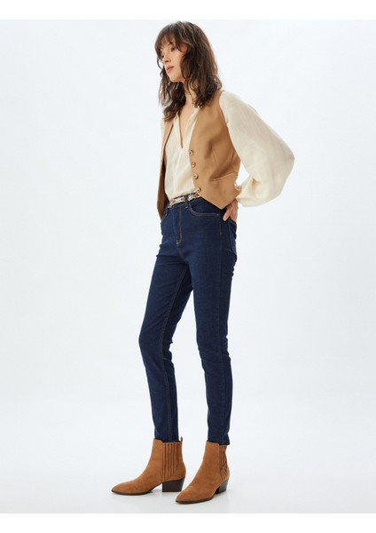 Yüksek Bel Kot Pantolon Düğmeli Dar Kalıp - Skinny Push Up Fit Jean