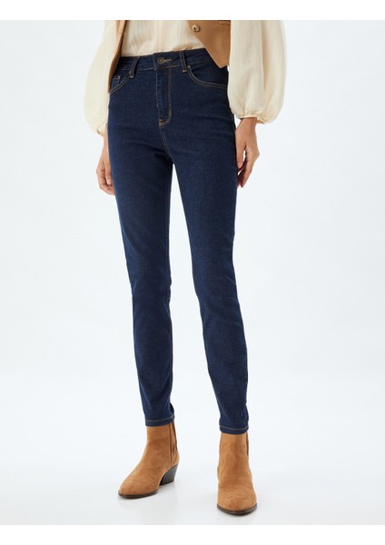 Yüksek Bel Kot Pantolon Düğmeli Dar Kalıp - Skinny Push Up Fit Jean