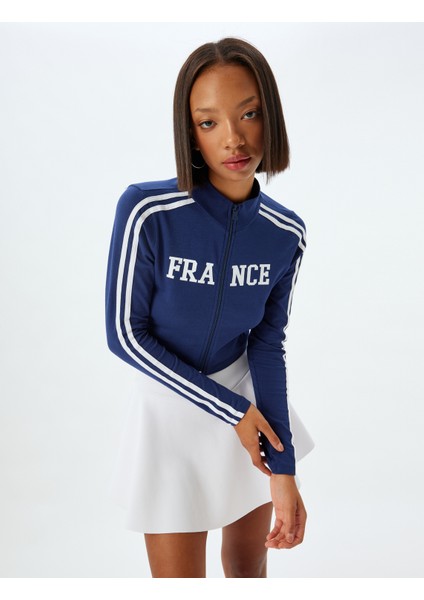 Crop Tişört Fermuarlı Uzun Kollu Slogan Baskılı Dik Yaka Biyeli Slim Fit