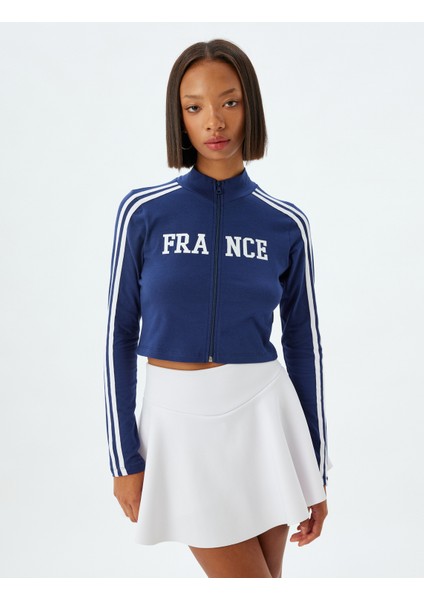 Crop Tişört Fermuarlı Uzun Kollu Slogan Baskılı Dik Yaka Biyeli Slim Fit modelleri