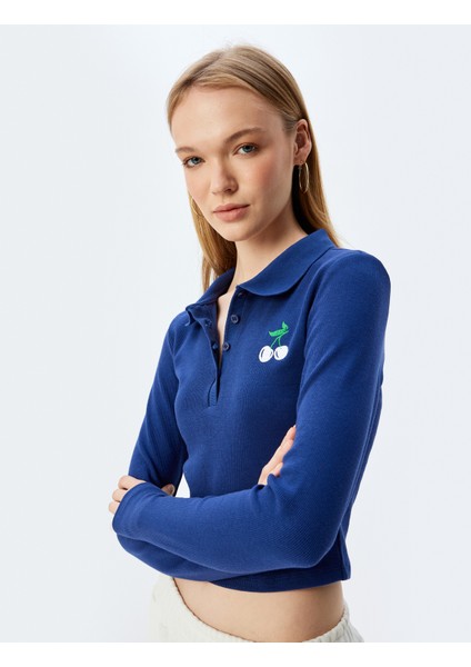 Polo Yaka Tişört Crop Uzun Kollu Düğmeli Kiraz Işlemeli