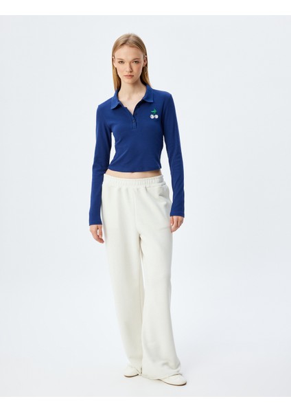 Polo Yaka Tişört Crop Uzun Kollu Düğmeli Kiraz Işlemeli fiyatları