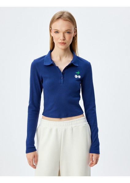 Polo Yaka Tişört Crop Uzun Kollu Düğmeli Kiraz Işlemeli modelleri