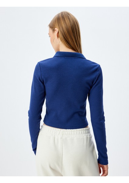 Polo Yaka Tişört Crop Uzun Kollu Düğmeli Kiraz Işlemeli fırsatları