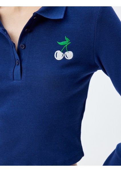 Polo Yaka Tişört Crop Uzun Kollu Düğmeli Kiraz Işlemeli indirimleri