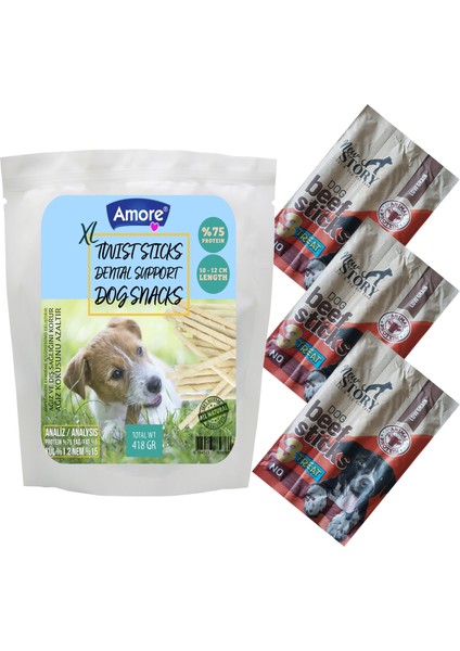 Twist Dog Sticks Xl 418 gr Kalın Köpek Burgu Çiğneme Burgu Ödül Çubuğu, 3 Adet 3lü Beef Stick
