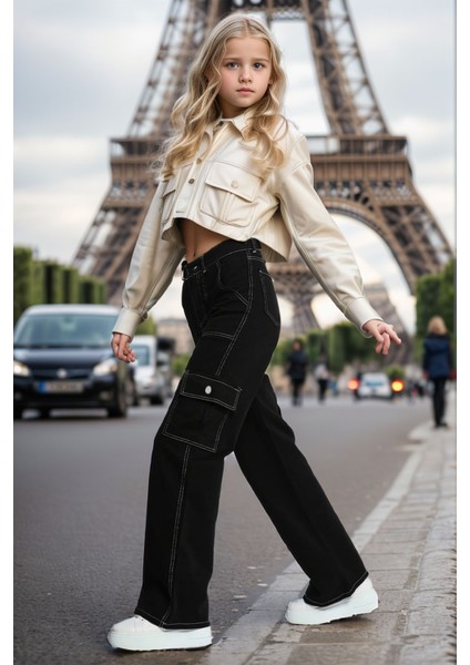 Kız/erkek Çocuk Unisex Beyaz Dikiş Detaylı Kargo Cepli %100 Pamuk Kot Pantolon-PNT-2026