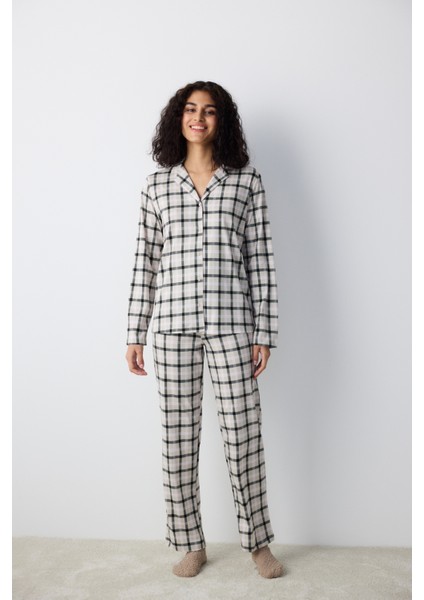 Pamuklu Alia Gri Gömlek Pantolon Pijama Takımı