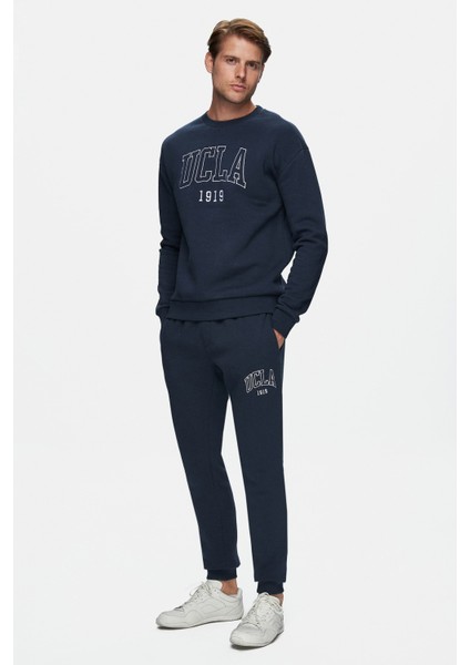 Sandhıll Lacivert Bisiklet Yaka Nakışlı Loose Fit Erkek Sweatshirt