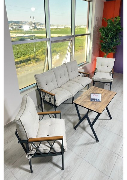 Miray 311 Masalı Krem Fermuarlı Bahçe Balkon Takımı, Salon, Teras- Berjer Düğmeli Metal Çay Seti