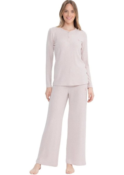 Kadın Düğmeli Yaka Fitilli Uzun Kollu Pijama Takımı