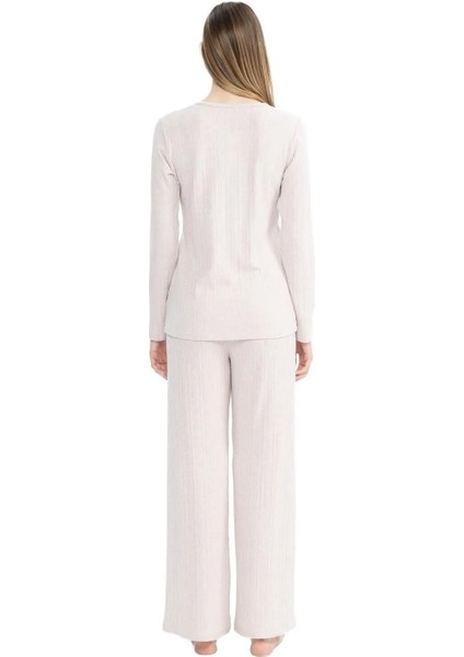 Kadın Düğmeli Yaka Fitilli Uzun Kollu Pijama Takımı