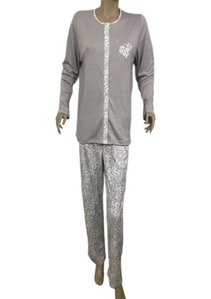 14283-NENA Bayan Orta Kalın Önden Açık Pijama Takımı-Gri indirimleri