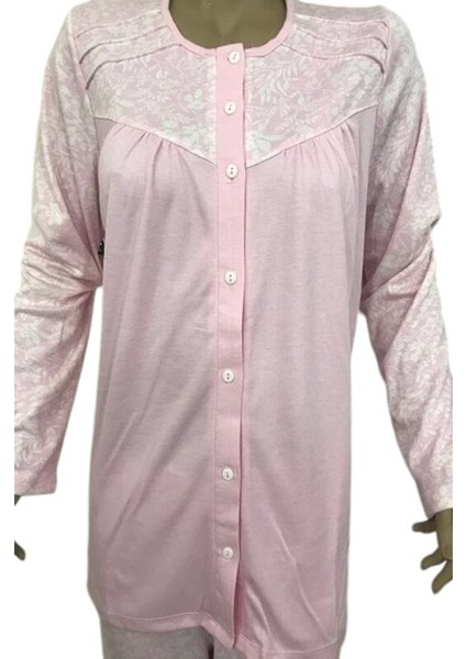 -14295-BAYAN Robalı Önden Açık % 100 Pamuk Pijama Takımı-Pembe