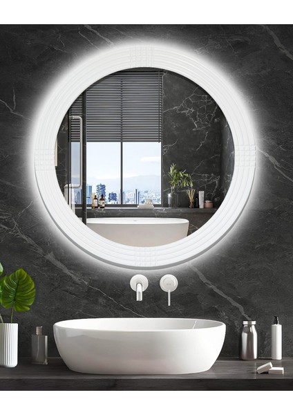 Led'li Işıklı Safir Beyaz Ahşap Dekoratif Yuvarlak Ayna İşlemeli Ahşap Banyo Aynası Duvar Aynası Tekli