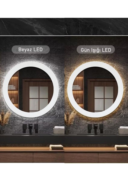 Led'li Işıklı Safir Beyaz Ahşap Dekoratif Yuvarlak Ayna İşlemeli Ahşap Banyo Aynası Duvar Aynası Tekli