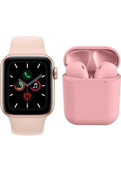 Iphone 11 Uyumlu Watch 6 Series Akıllı Saat + Pembe Tws I12 Bluetooth Kulaklık