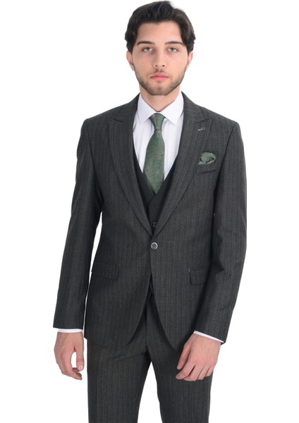 Cengiz Inler Desenli Kırlangıç Yaka Yelekli Erkek Takım Elbise modelleri