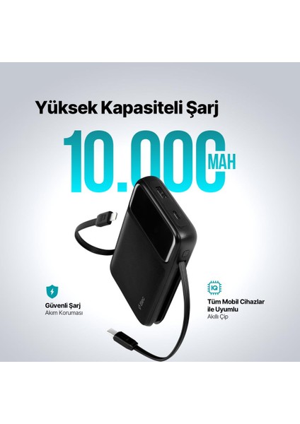 Recharger Pro LCD 10.000MAH Pd 22,5W Lightning ve Usb-Cdahili Kablolu Taşınabilir Hızlı Şarj Al