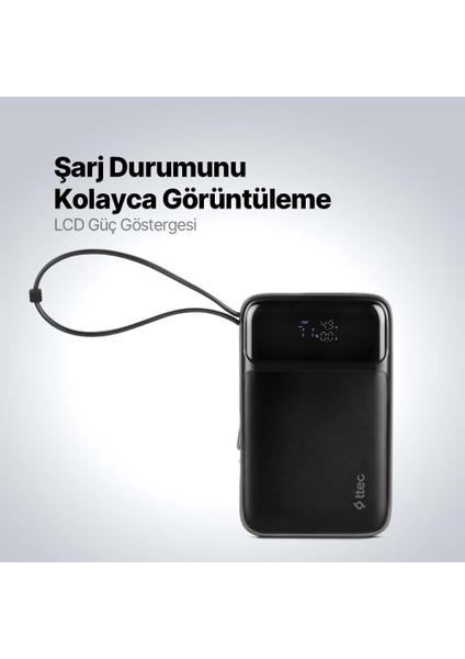 Recharger Pro LCD 10.000MAH Pd 22,5W Lightning ve Usb-Cdahili Kablolu Taşınabilir Hızlı Şarj Al