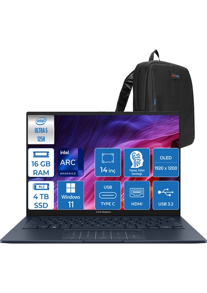 Zenbook 14 OLED Ultra 5 125H 16GB LPDDR5X 4tb SSD Intel Arc 14" Fhd WIN11PRO Taşınabilir Bilgisayar QD089WP04 + Zettaçanta