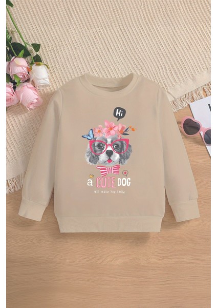 Yeni Sezon Gözlüklü Cute Dog Baskılı Oversize Kapüşonlu Çocuk Sweatshirt 14647