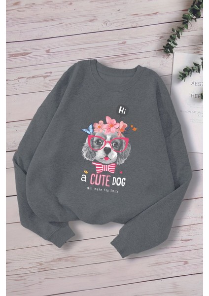 Yeni Sezon Gözlüklü Cute Dog Baskılı Oversize Kapüşonlu Çocuk Sweatshirt 14647