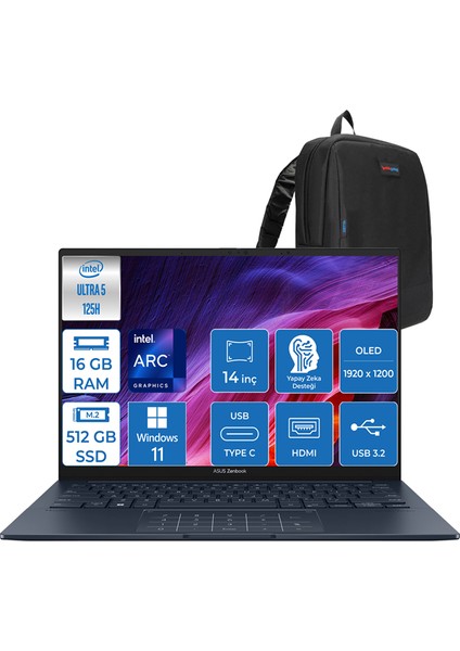 Zenbook 14 OLED Ultra 5 125H 16GB LPDDR5X 512GB SSD Intel Arc 14" Fhd WIN11PRO Taşınabilir Bilgisayar QD089WP01 + Zettaçanta